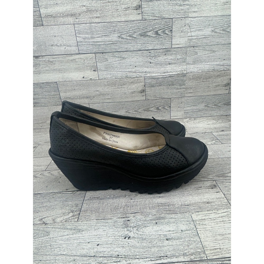 FLY LONDON Black Leather Perforated‎ Wedge Ballet Flats Women Size 37 P500798000 - Picture 10 of 11